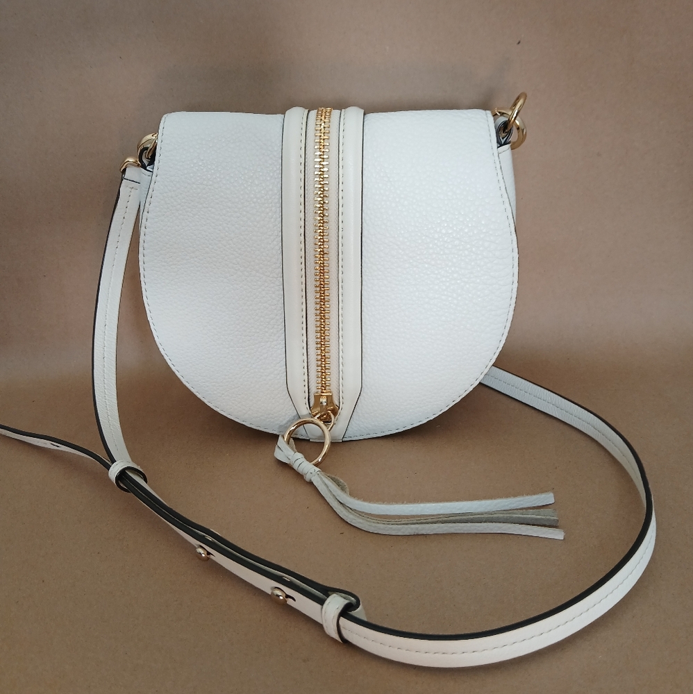 REBECCA MINKOFF Mara Saddle Bag white leather crossbody bag gold tone hardware